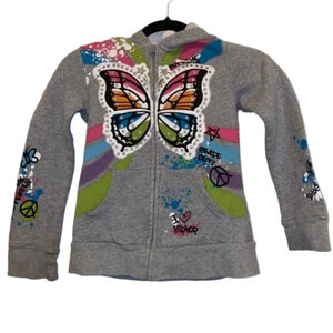 Girls Route 66 Butterfly Graffiti Hoodie Size M Gray Multi
